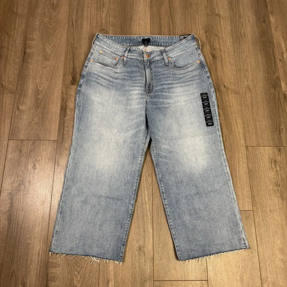 J.Crew Curvy Wide-Leg Cropped Jeans Womens Sz 34 Petite Blue High Waist Stretch